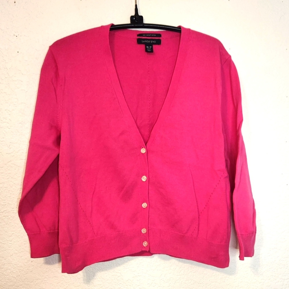 Lands' End‎ Hot Pink Cardigan with 3/4 Length Sleeves 100% Supima Cotton, M/P